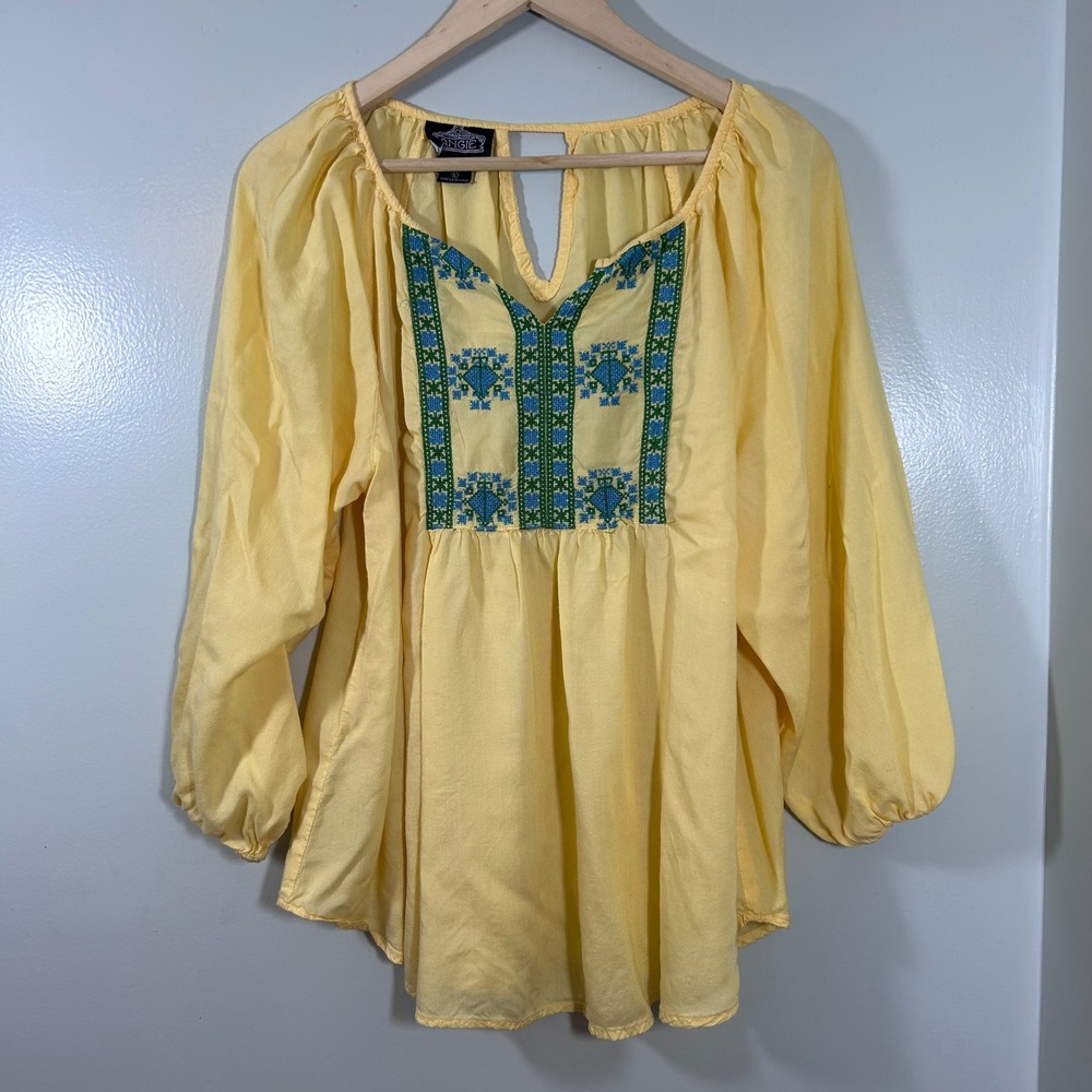 Angie Yellow Embroidered Peasant Blouse Boho Balloon Sleeve Rayon Top Large